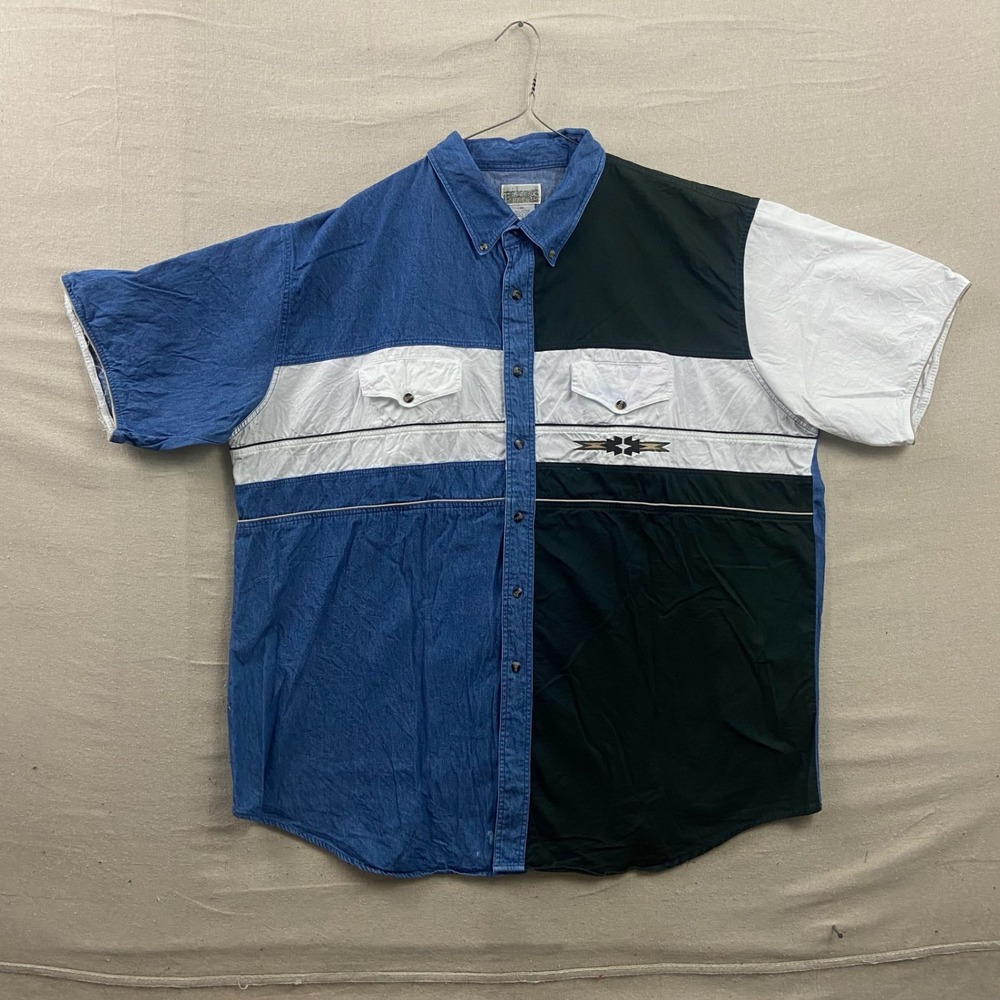 Express Rider Button Down Shirt 3XL Blue Black White Western‎ Colorblock Short